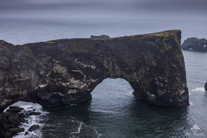 Dyrholaey black lava arch rising from a misty grey sea