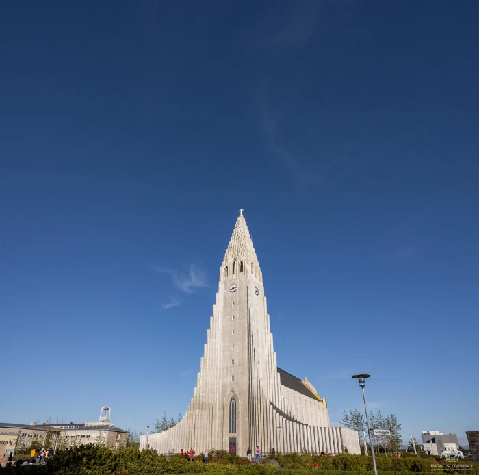 Hallgrímskirkja's concrete spire rising over Reykjavík
