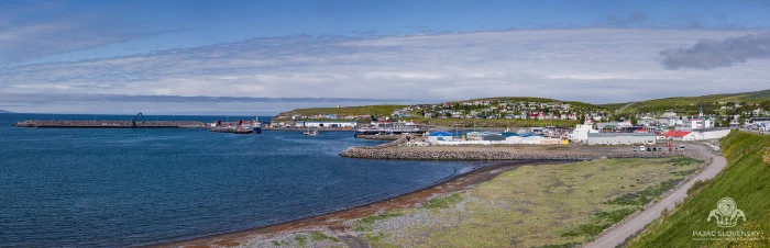 Panorama of Skjálfandi Bay and the snowy ranges beyond Húsavík