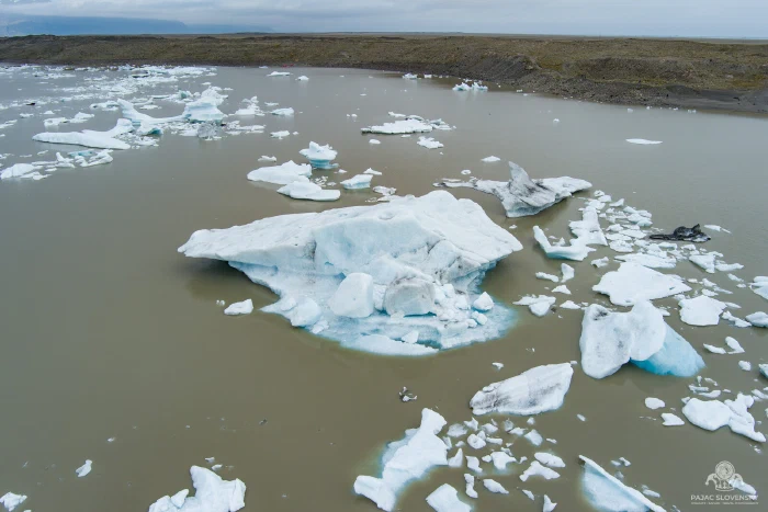 Ash-streaked white icebergs drifting on milky grey glacial lagoon, oblique aerial