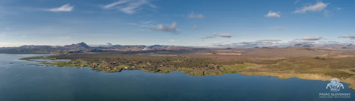 Wide aerial panorama of Lake Myvatn, lava fields and Hverfjall crater
