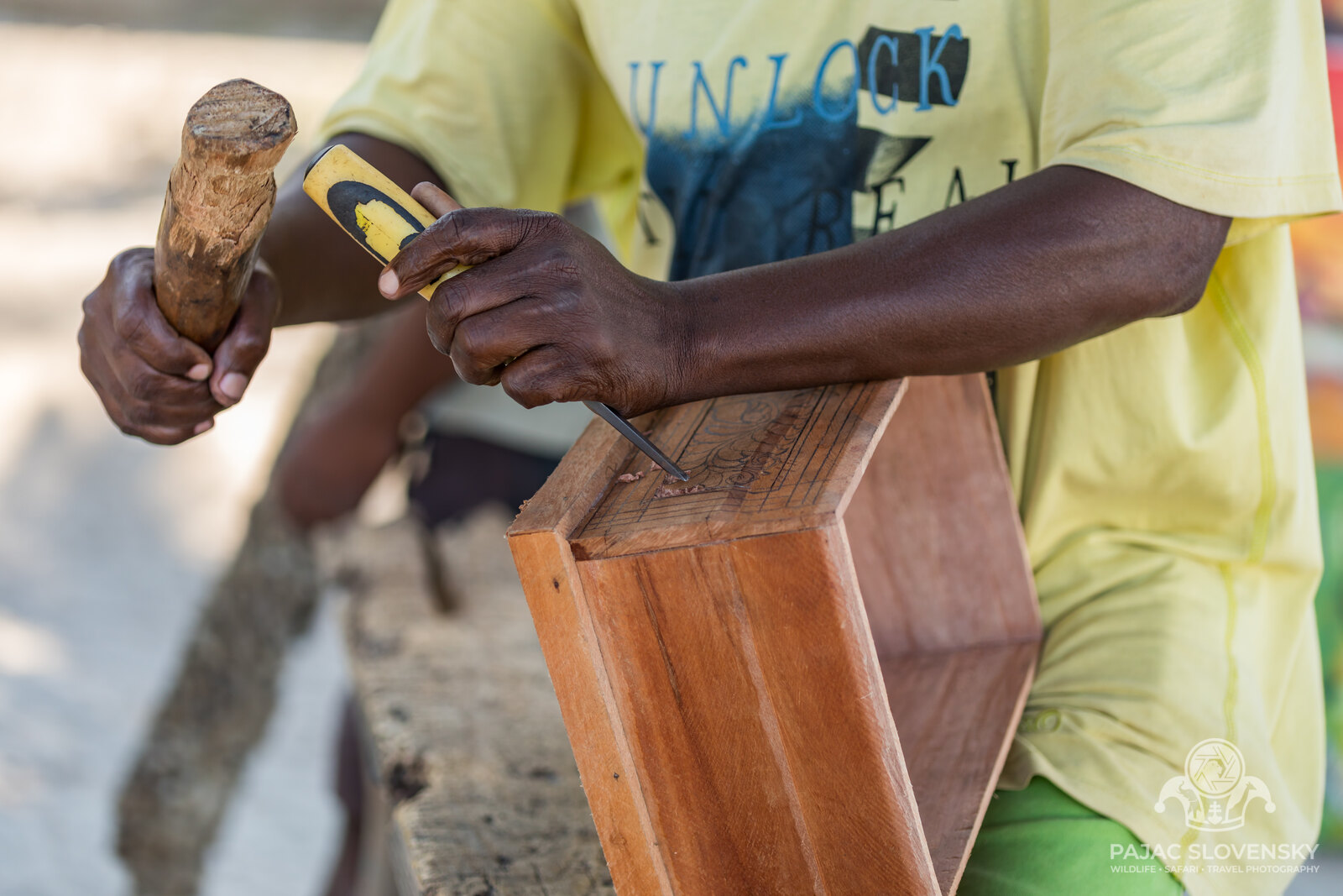 The carpenter shaping the chest wall with short strokes of the adze
