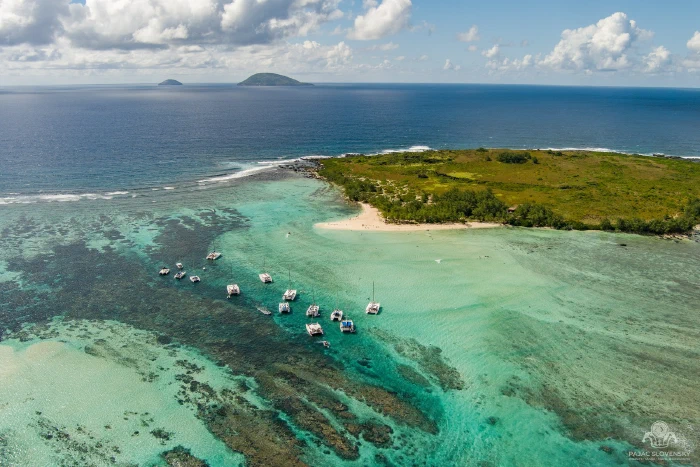 Aerial of catamarans moored on the reef sandbank off Gabriel Island
