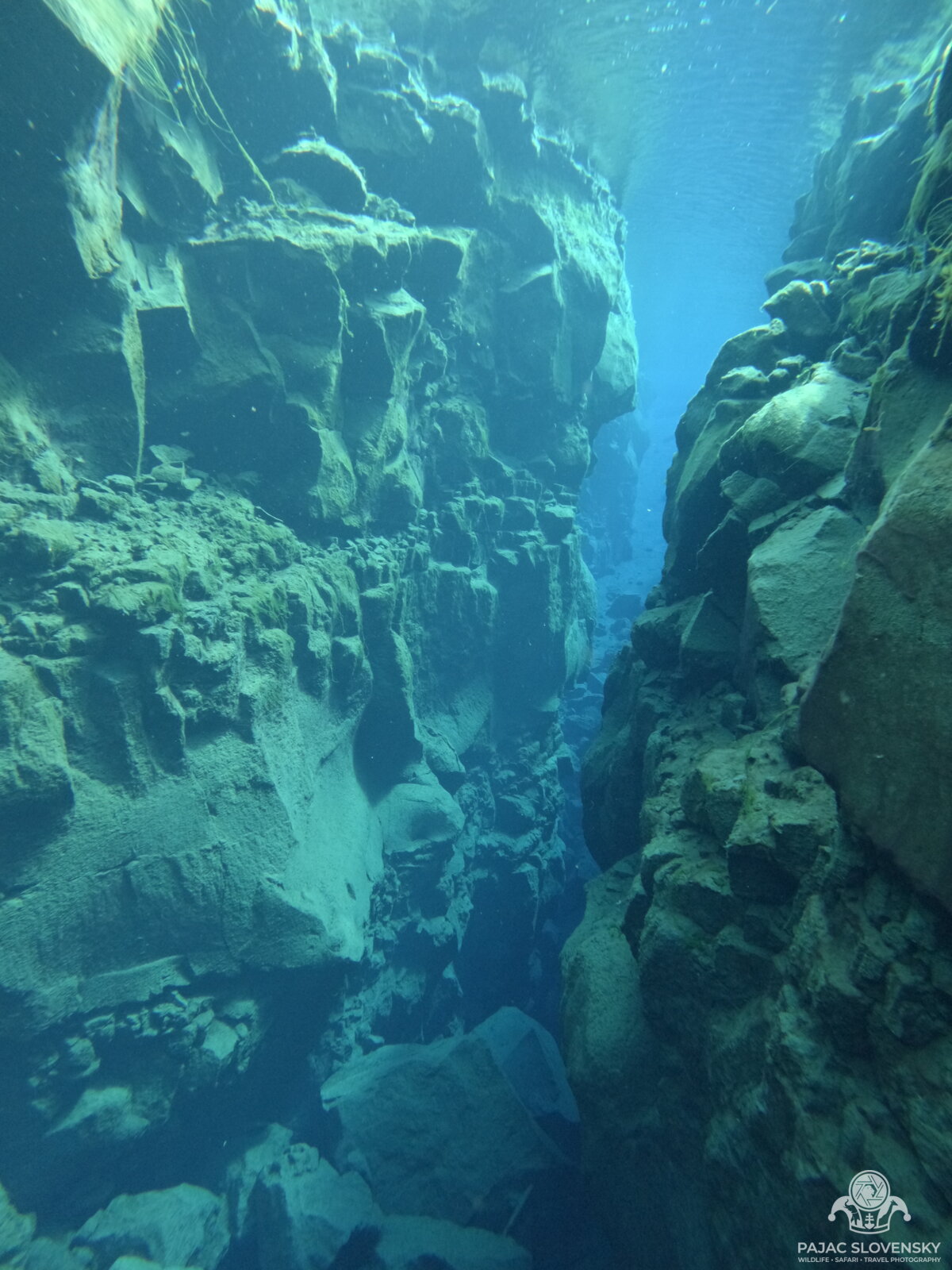 The deep blue corridor of Silfra Cathedral, sheer rock walls converging into open blue water