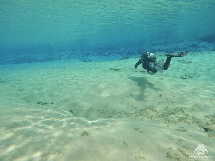 Diver finning over the bright sandy shallows of Silfra Lagoon