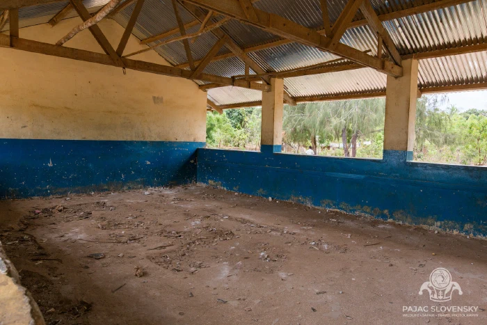 An empty classroom, walls washed in blue