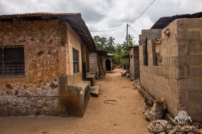 A narrow lane between coral-stone walls