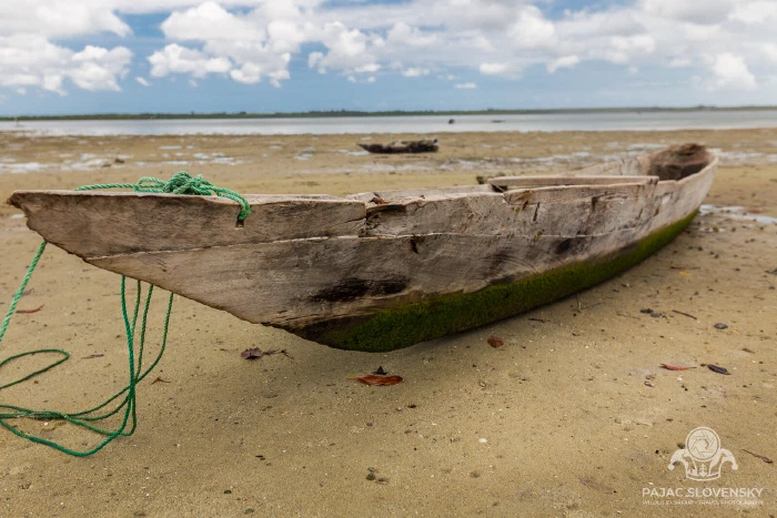 A dugout canoe waiting on the tidal sand