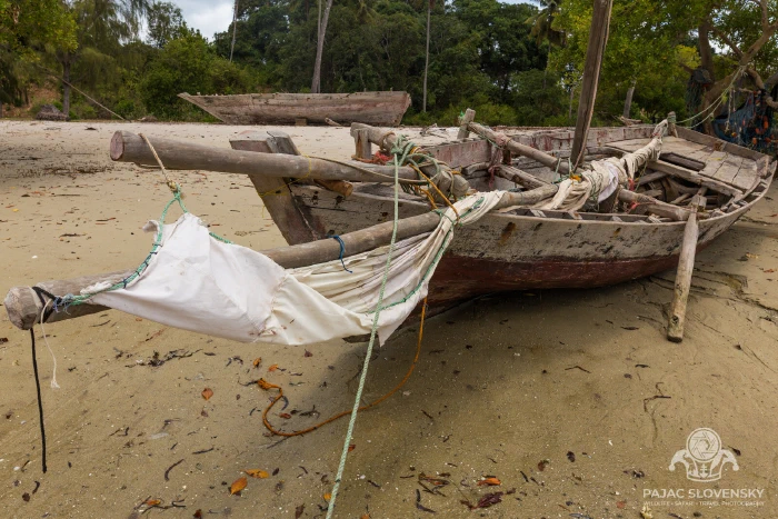 A ngalawa outrigger canoe drawn up with its nets