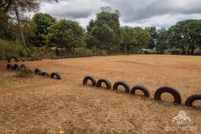 The school ground, ringed with half-buried tyres