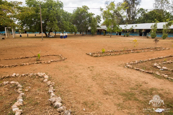 The schoolyard, its paths marked out in white stones