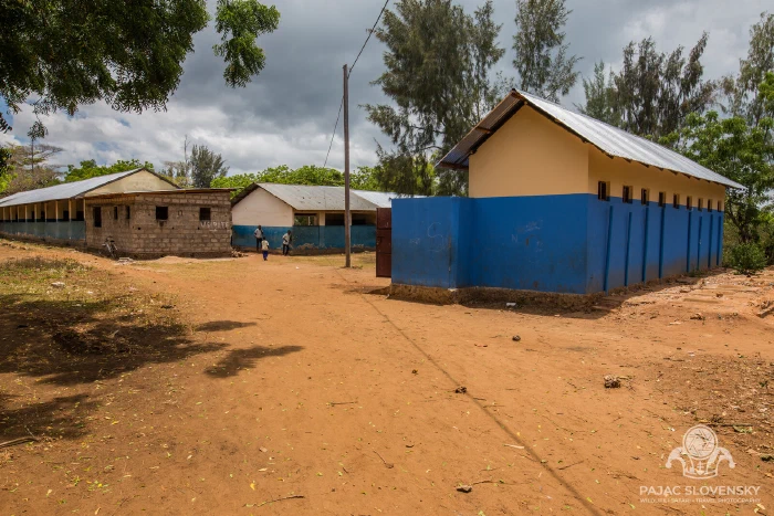 The village school — concrete block and blue steel